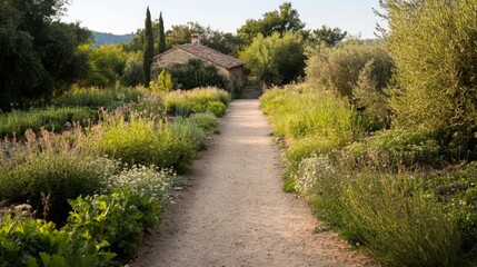 Countryside path through herb garden, peaceful, quiet, sunny