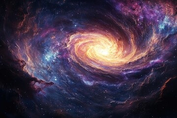 A vibrant spiral galaxy swirls with cosmic dust and stars, showcasing a breathtaking celestial scene.