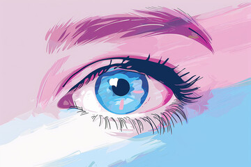 Illustration of close up of pupil of the eye in pink and blue color makeup
