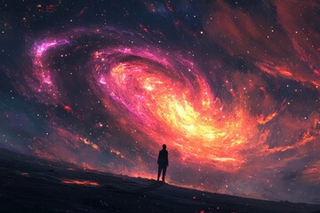 A solitary figure gazes upon a breathtaking, fiery cosmic swirl, filled with vibrant stars and nebulae.