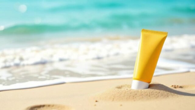 sunscreen tube on sand near the ocean, concept of sun protection and summer skincare