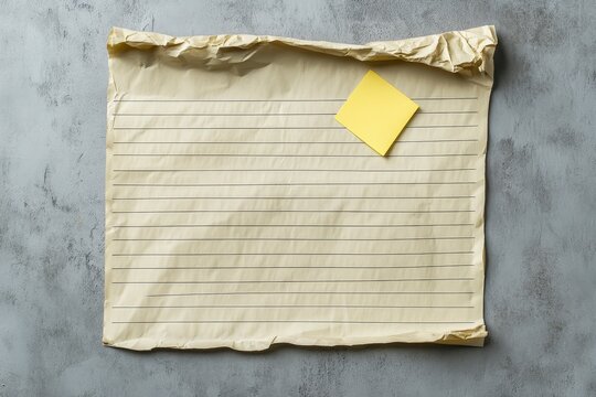 Crumpled Yellow Paper with Sticky Note on Textured Grey Background