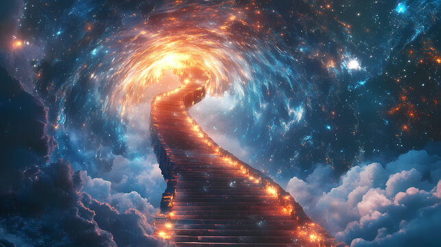 Ascend the celestial stairs ethereal realm digital art dreamlike atmosphere wide angle spiritual journey. Celestial Staircases. Illustration