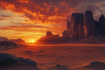 Fiery sunset paints a dramatic landscape of towering rock formations in a desert setting.