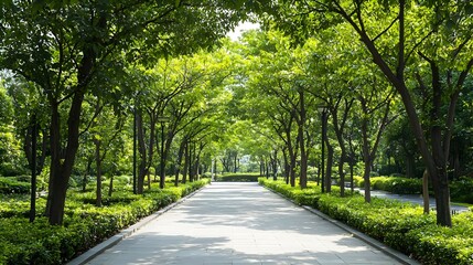Obraz premium Sunlit Path Through Lush Green Trees In Park