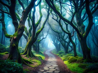 Ominous Mist-Shrouded Forest Path: Creepy Tilt-Shift Gnarled Trees Stock Photo