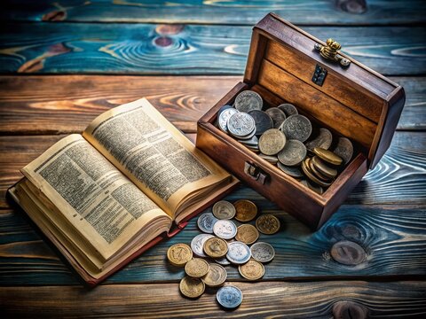 Open Holy Bible & Vintage Coin Box - Tithing, Giving, Christian Faith, Top View Stock Photo