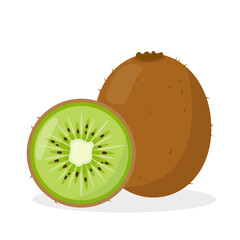 Fresh Kiwi icon. Whole tropical fruit kiwi and slice. Organic fruit for juice, smoothie or vitamin healthy food. Vector illustration isolated on white background.
