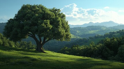 Lush green tree on a hilltop meadow overlooking mountains. Scenic nature landscape. Suitable for backgrounds, wallpapers, etc