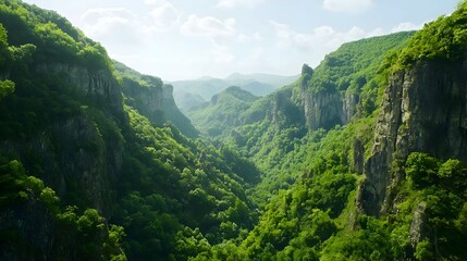 Naklejka premium Lush Green Valley Landscape with Sunlight and Cliffside