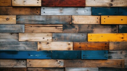 Textured arrangement of aged wooden blocks in diverse colors creates a vibrant, abstract background full of warmth and character