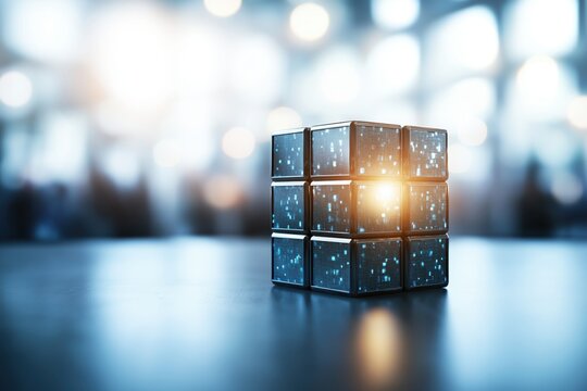 Exploring advanced technology with interconnected glass data cubes symbolizing fintech and blockchain innovation under a futuristic backdrop