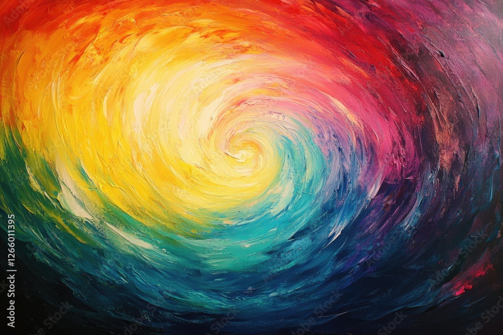 Poster a vibrant, swirling abstract painting in a rainbow of colors, creating a mesmerizing vortex effect.