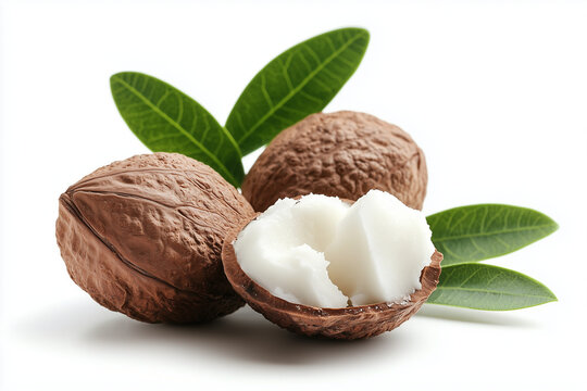 Split shea nuts showing their creamy interior with fresh shea leaves, arranged on a white background.
