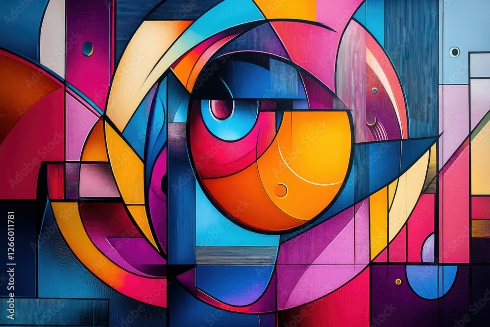 Poster abstract artwork featuring vibrant geometric shapes and bold colors in a dynamic composition.
