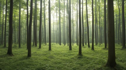 Fototapeta premium Misty forest, sunlit trees, tranquil scene, nature photography, serene background, ideal for wallpaper, or environmental conservation projects