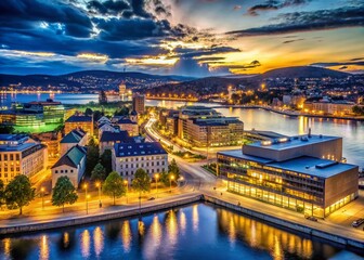 Obraz premium Oslo Norway Panorama Night Cityscape Low Light Opera House Rooftop View