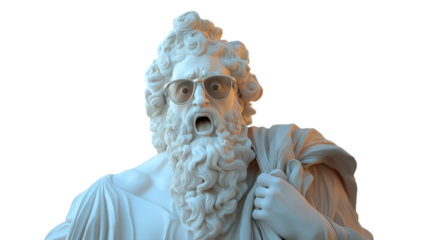 Sculpture of Zeus with Shocked Expression and Sunglasses, Isolated on Transparent Background, Perfect For Advertising