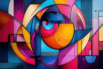 Abstract artwork featuring vibrant geometric shapes and bold colors in a dynamic composition.