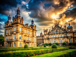 Fototapeta premium Overcast Day, Upward View of Two Elegant Estate Buildings with Bokeh