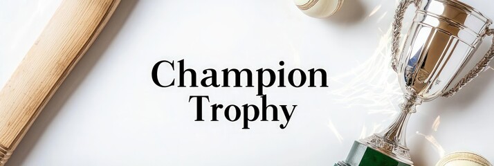 "Champion Trophy" text on white background with cricket bat, ball, and shining trophy in frame