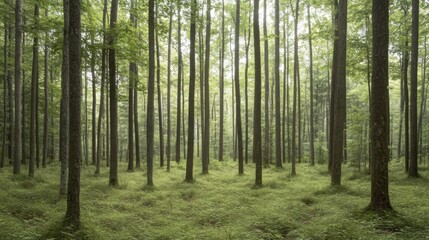 Fototapeta premium Misty Forest Floor, Tall Trees, Peaceful Scenery, Outdoor Setting, Nature Photography