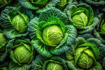 Fototapeta premium Overhead Shot of Fresh Green Cabbages, Farm-Fresh Produce, Healthy Vegetables