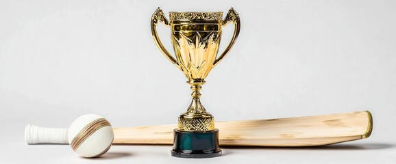 Champion Trophy text with cricket bat, ball, and golden trophy on white background