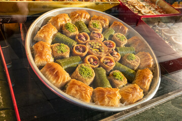 Istanbul kadaif, kunefe and local Turkish baklava in the showcase