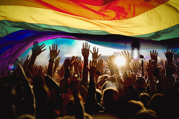 silhouette of a parade of gays and lesbians with a rainbow flag - symbol of love and tolerance