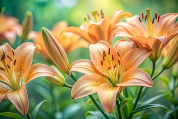 Obraz premium Pale Orange Lily Flowers in Garden, Soft Focus, Shallow Depth of Field, Light Green Background