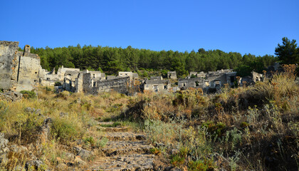 Historical Kayakoy, located in Fethiye, Turkey, is an old Greek settlement with abandoned houses and churches.