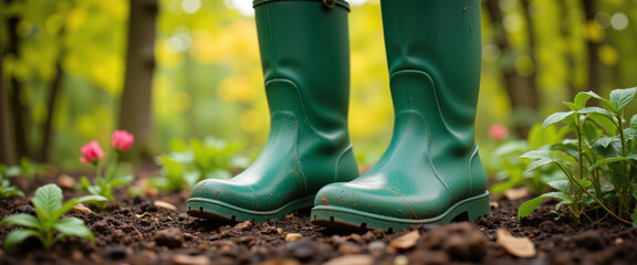 Green rubber boots resting in rich dark soil, conveying a sense of anticipation and readiness, amidst vibrant pink flowers and lush greenery in a serene garden setting