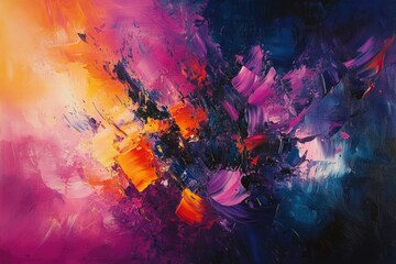 Vibrant abstract painting with dynamic brushstrokes in shades of pink, purple, orange, and blue.