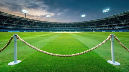 Empty cricket stadium with perfectly maintained pitch and boundary ropes