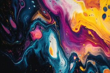 Abstract fluid art showcasing vibrant swirls of teal, purple, pink, and gold, creating a cosmic,...