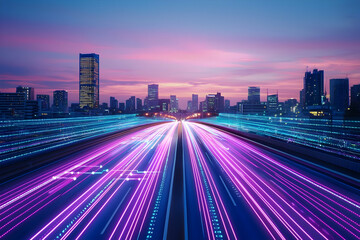 Fototapeta premium City highway at sunset, data streams. Technology, future, progress