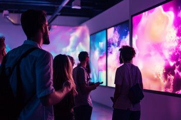 Visitors Engaging with Colorful Digital Art at Modern Exhibition Space