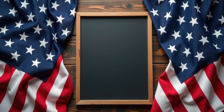Decorated with vibrant American flags, this empty black chalkboard is perfect for messages or announcements related to patriotism, events, or education.