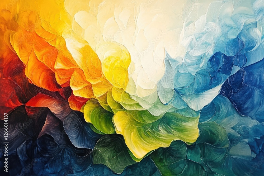 Poster abstract painting showcasing a vibrant spectrum of colors swirling in a fluid, organic pattern.