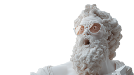 Sculpture of Zeus with Shocked Expression and Sunglasses, Isolated on Transparent Background, Perfect For Advertising