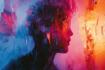 Abstract portrait of a woman's profile, painted in vibrant, contrasting colors of red, blue, and...