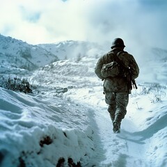 Naklejka premium WWII soldier trudging through snowy battlefield in horizontal image