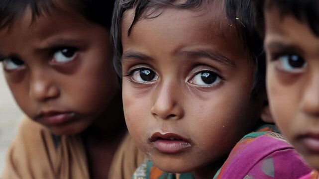 Hungry, starving, poor little children  looking at the camera