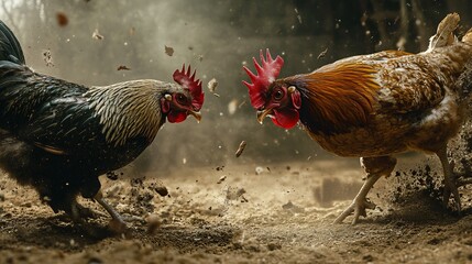 Close-up View of Roosters Fighting on Ground