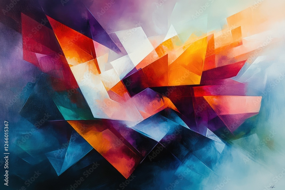 Poster Abstract geometric painting with vibrant colors and sharp angles, creating a dynamic and energetic composition.