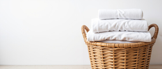 Freshly folded white towels stacked neatly in a wicker basket conveying a sense of cleanliness and organization, set against a minimalistic white background