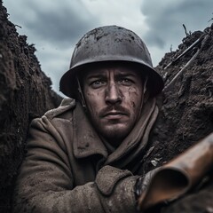 Obraz premium WWI soldier in trench under gloomy sky cold and sorrowful