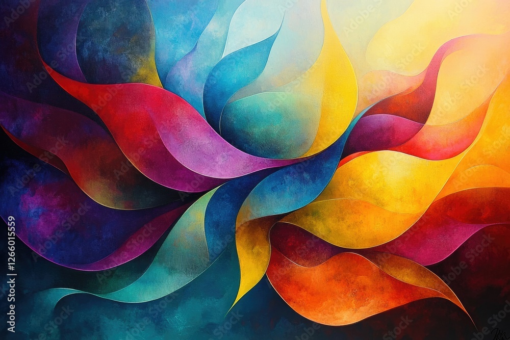 Poster abstract artwork featuring vibrant, flowing, colorful forms resembling petals or flames, creating a 