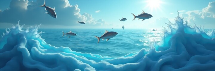 Naklejka premium A serene underwater scene featuring fish swimming in vibrant blue waves, capturing the beauty of marine life and ocean tranquility.